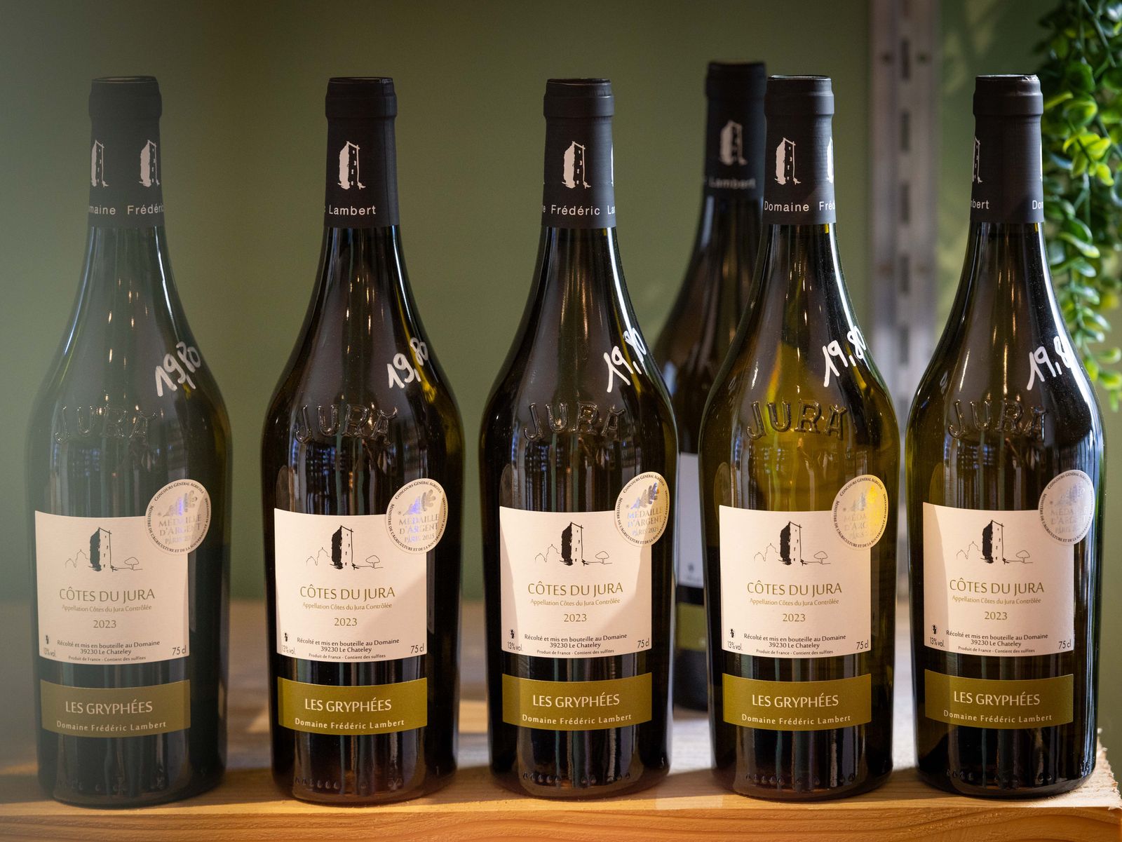 Cinq bouteilles de Côtes du Jura, Les Gryphées, du Domaine Frédéric Lambert